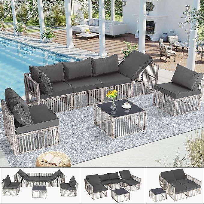 FHFO 7 Pieces Outdoor Patio Furniture Set, Wicker Outdoor Sectional Conversation Couch Set with Adjustable Backrest Sofa, Thick Cushion & Coffee Table for Garden, Porch, Poolside, Grey/Grey