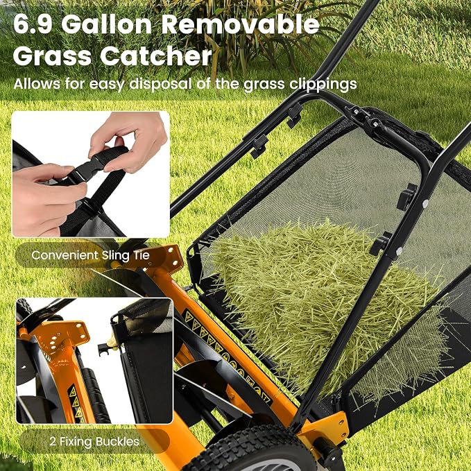 16-inch 5-Blade Push Reel Lawn Mower, Walk-Behind Grass Cutter w/Removable 7 Gallon Grass Catcher Bag & Adjustable Cutting Height, Cordless Manual Lawn Mower for Garden, Lawn, Yard (Orange) - Image 4