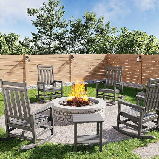 Garvee HDPE Rocking Chair Outdoor Set of 4 with 2 Side Table - Poly High Back Porch Rocker Chairs for Adults - All Weather Resistant Furniture for Patio Front Porch - Gray by Garvee