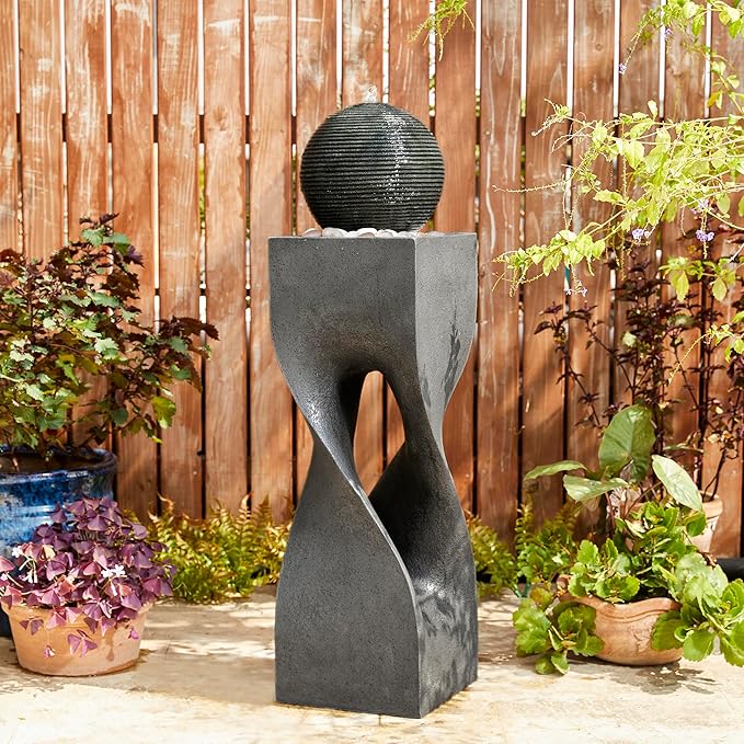 Glitzhome Modern Water Fountain Outdoor with LED Light, Oversized Geometric Outdoor Fountains and Waterfalls, Sphere Rock Fountain with Pebbles for Garden Backyard Patio, 40.5”H