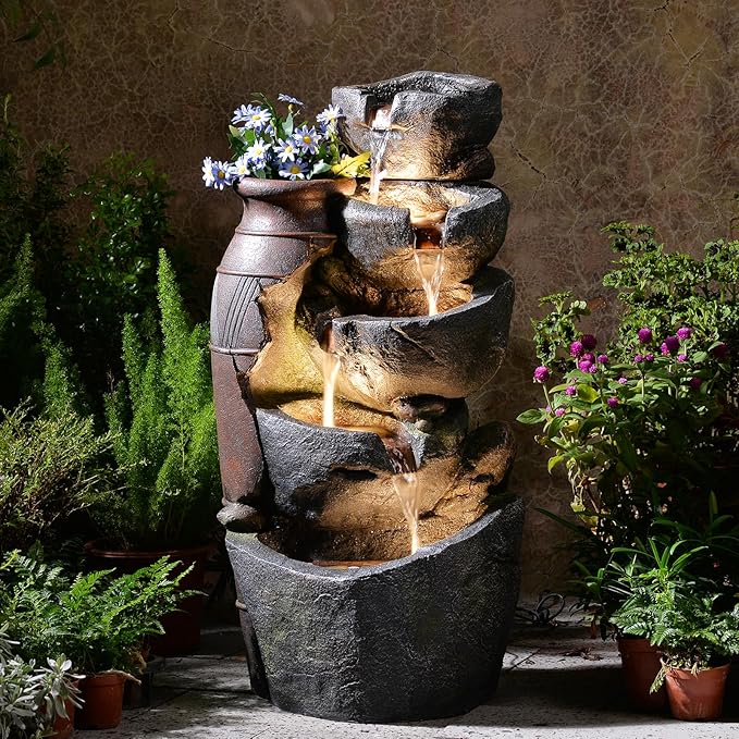 31.7" H Rock Jar Water Fountain Outdoor, 5-Tiers Cascading Outside Fountains and Waterfalls with 4 LED Lights for Patio, Deck, Porch, Backyard and Home Art Docor