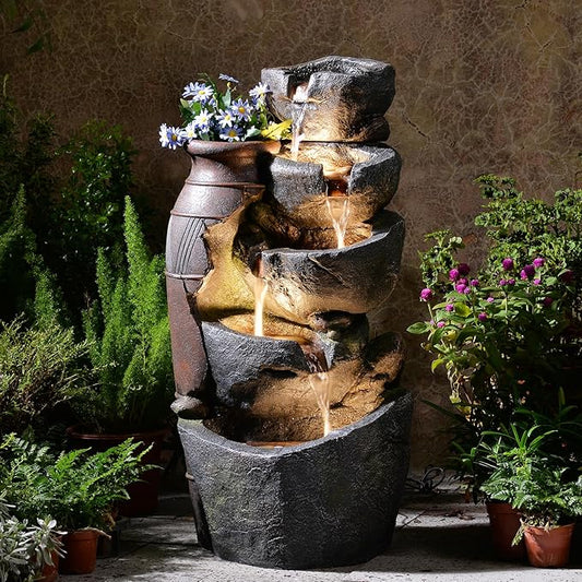 31.7" H Rock Jar Water Fountain Outdoor, 5-Tiers Cascading Outside Fountains and Waterfalls with 4 LED Lights for Patio, Deck, Porch, Backyard and Home Art Docor