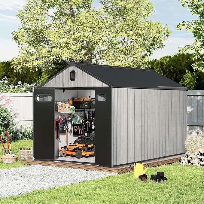 Domi 8X12FT Resin Outdoor Storage Shed, Plastic Garden Shed with Carpet, All Weather Outside Storage Building for Lawn Mower, Tools, Bike, Backyard - Image 3
