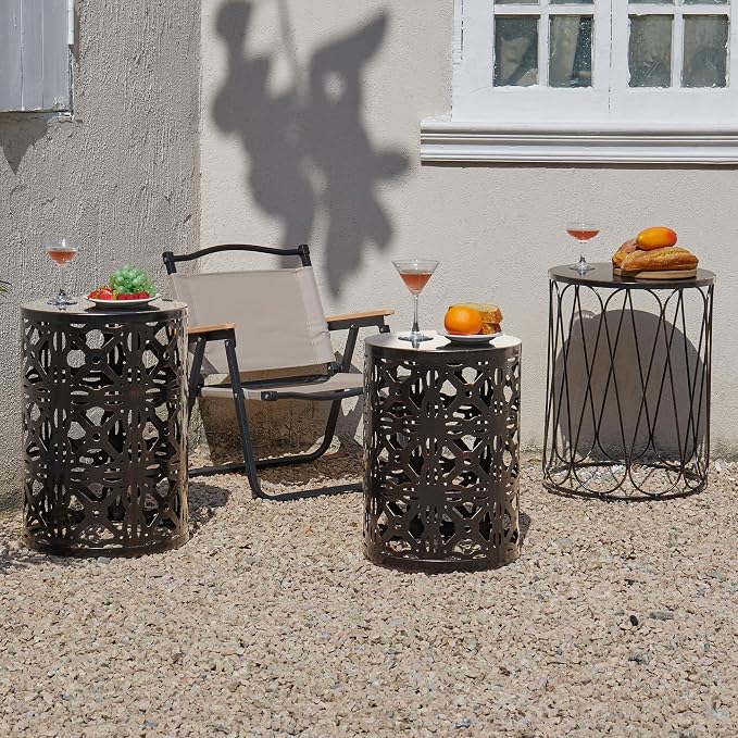 Y&M Set of 3 End Tables, Nesting Metal Round Coffee Table, Heavy Duty Metal Plant Stand Garden Stool, Outdoor Multifunctional Use Black with Bronze (Ship from US) - Image 2