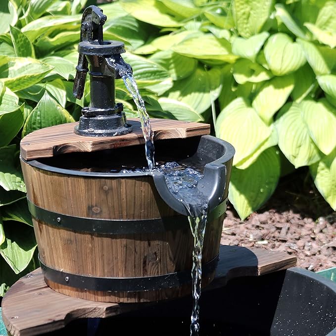 Sunnydaze 2-Tier Wood Barrel Water Fountain - 23-Inch Vintage Water Pump Fountain with Submersible Pump - for Garden, Patio, Decks