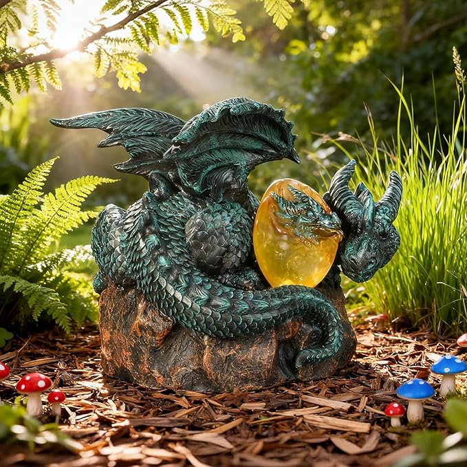 Solar Dragon Garden Decor - Dragon Statue Outdoor with Egg Light - 6.8 inch Porch Decor & Lawn Ornaments, Perfect Patio Decor, Yard Decorations Outdoor