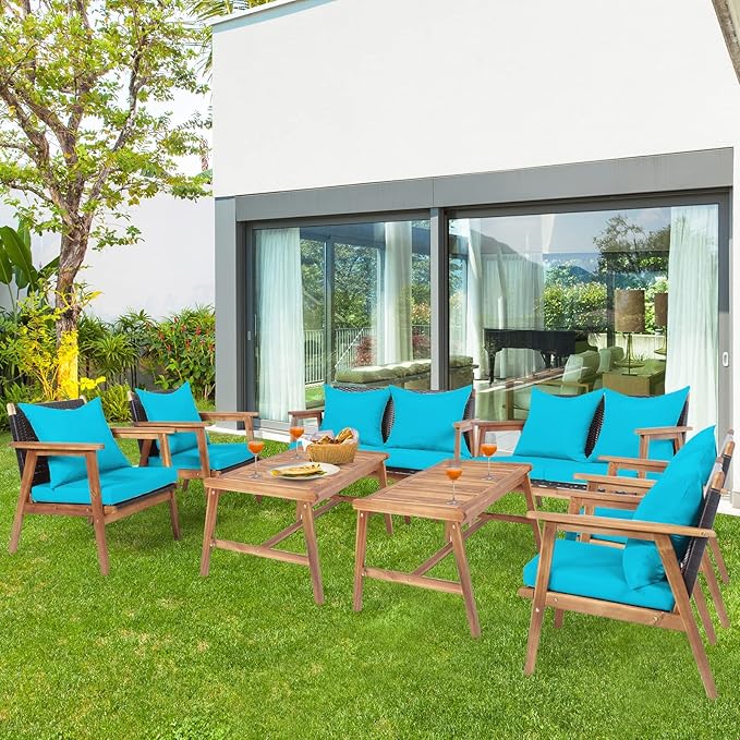 Tangkula 8-Piece Patio Furniture Set, Outdoor Acacia Wood Conversation Set with Cushions and Coffee Table, Outdoor PE Wicker Sectional Sofa Set for Garden, Poolside and Backyard (2, Turquoise)