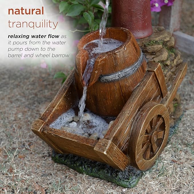 Alpine Corporation ZEN276S Outdoor Vintage Water Pump and Wheelbarrow Floor Fountain - Calming Water Flow, 23 Inch Tall, Brown