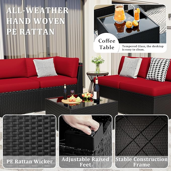 Patio Furniture Set, 7 Pieces Outdoor Sectional Sofa Set with Waterproof Cover, Black PE Wicker Rattan Slanted Back Outdoor Conversation Set with Cushions and Glass Coffee Table, Wine red