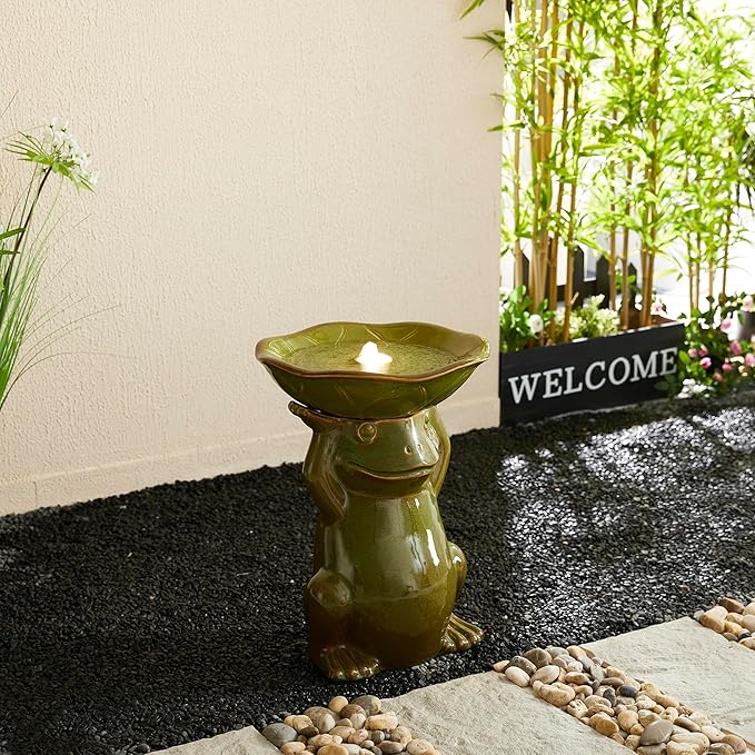 Glitzhome 21.5" H Olive Green Frog Hold a Lotus Birdbath Ceramic Outdoor Water Fountain with LED Lights and Pump, Lively Frog Statue Birdbath Fountain for Porch Deck Garden Patio Backyard