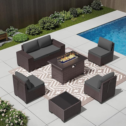7 PCS Outdoor Patio Furniture Set,Outdoor Sectional Furniture with 43" 55000 BTU Gas Propane Fire Pit Table,All Weather PE Rattan Wicker Patio Conversation Set,Grey