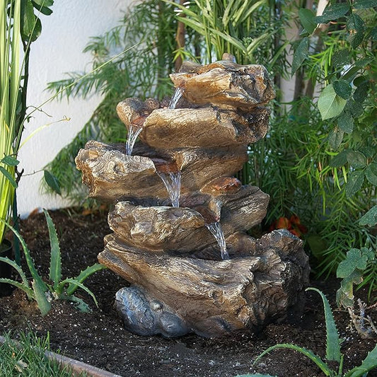 Alpine Corporation WIN1087 Indoor/Outdoor Floor Waterfall Fountain with LED Lights, 5-Tiered Rainforest Fountain 22", Brown