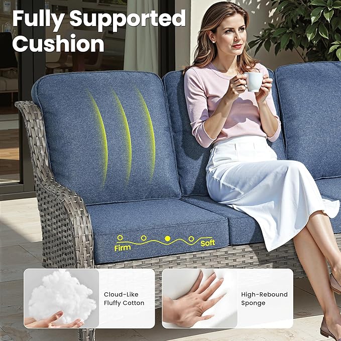 ovios 10-Piece Patio Furniture Set with Swivel Chairs Coffee Table, Outdoor Wicker Sofa with 54" Fire Pit Table, High Back Couch Modern Conversation Sets, Grey/Denim Blue