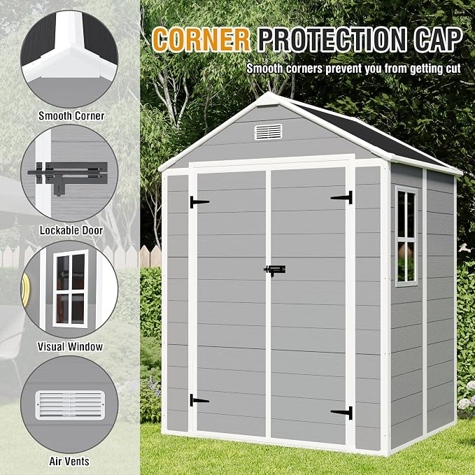 YOPTO 6x5 FT Resin Storage Shed,Garden House with Floor & Lockable Door,Waterproof Plastic Tool Sheds W/Slanting Roof Visual Window & Air Vents for Bicycles,Lawnmowers,Lawn,All Weather Use,Gray - Image 7
