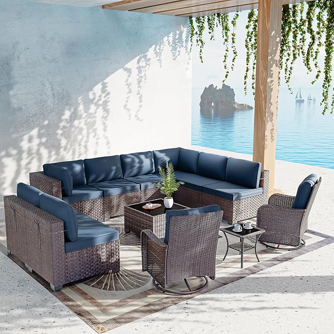 12 Pieces Outdoor Patio Furniture Set,Outdoor Sectional Furniture All Weather PE Rattan Wicker Patio Conversation Set with Coffee Table,Swivel Rocking Chairs Set,Navy Blue