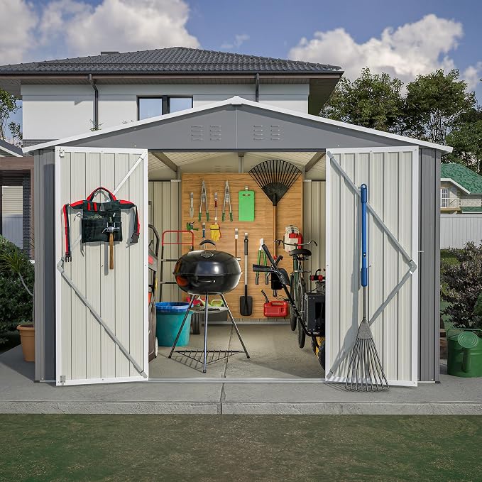 YOPTO 10×10 FT Outdoor Storage Shed,Metal Aluminum Waterproof Tool Sheds with Doors and Vents,Heavy-Duty Sheds Unit W/Lock and Key,for Storing Bicycles,Lawnmowers,Barbeques,Gray - Image 3