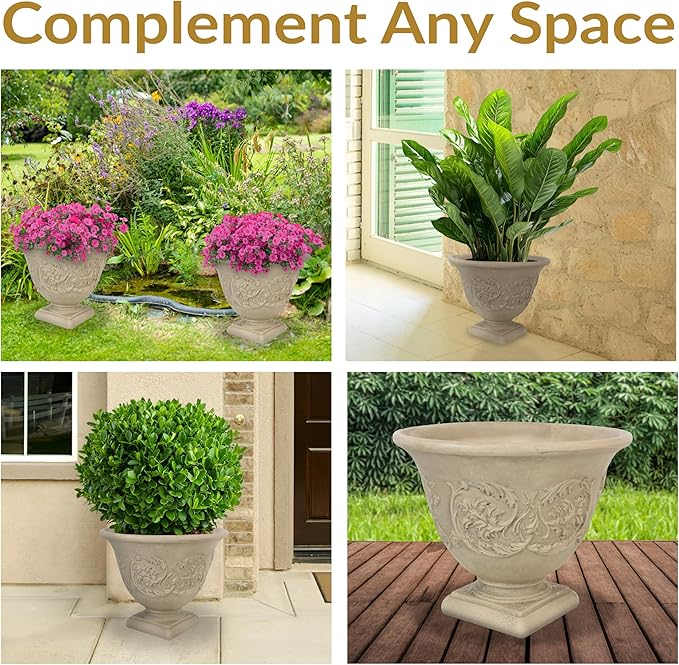 Sunnydaze 16-Inch Darcy Round Plant Pot - Polyresin Large Outdoor Urn Planter with Drillable Drainage Hole - 4 Pack - Beige