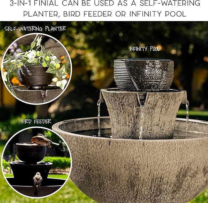 Bernini Alba Cordless Water Fountain, 26" Battery Powered Water Fountains with 3-in-1 Finial, Outdoor or Indoor for Garden, Patio, Porch, & Home, Water Fountain Tower & Planter for Backyard (Taupe)