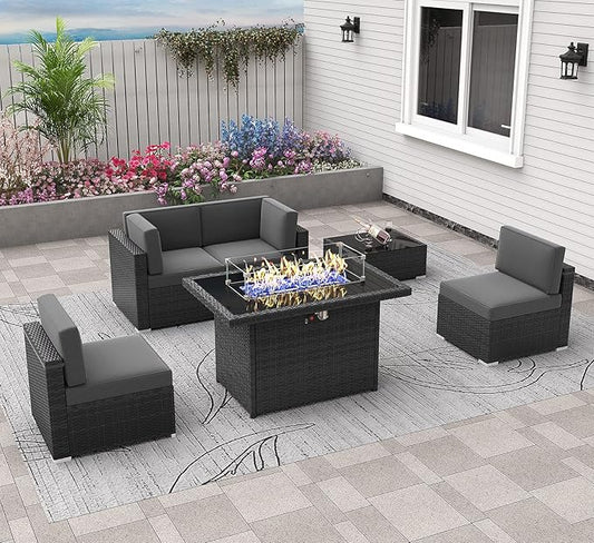 6 Pieces Patio Furniture Set with 44" Propane Gas Fire Pit Table, Outdoor Sectional Wicker Conversation Sofa Sets with Coffee Table