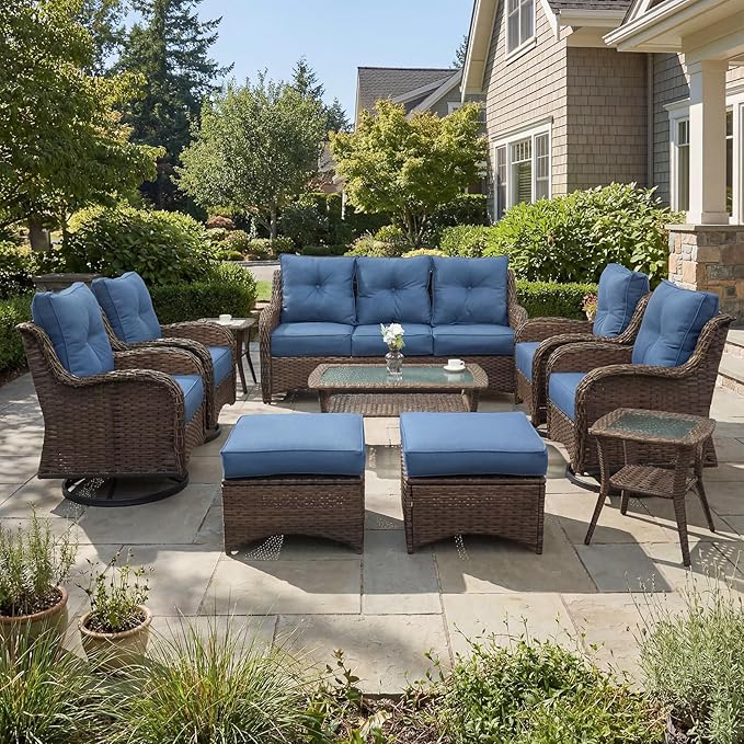 Patio Furniture Set, 10PCS Outdoor Wicker Conversation Set with 6" Thick Cushions, High Back Rattan Sofa & Swivel Rocker Chairs, Weather Resistant Olefin Fabric for Garden, Poolside, Navy Blue