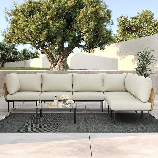 LayinSun 7 Pieces Aluminum Patio Furniture Set, Modern Modular Sectional Sofa with Coffee Table and Upgrade Thickness Cushion