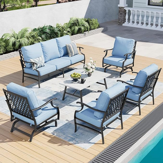 6 Piece Metal Outdoor Patio Furniture Set, Patio Conversation Set 1 3-Seater Sofa, 2 Rocking Chair, 2 Leg Chair with 5.75" Thick Cushion and Coffee Table, Backyard Furniture Set, Blue