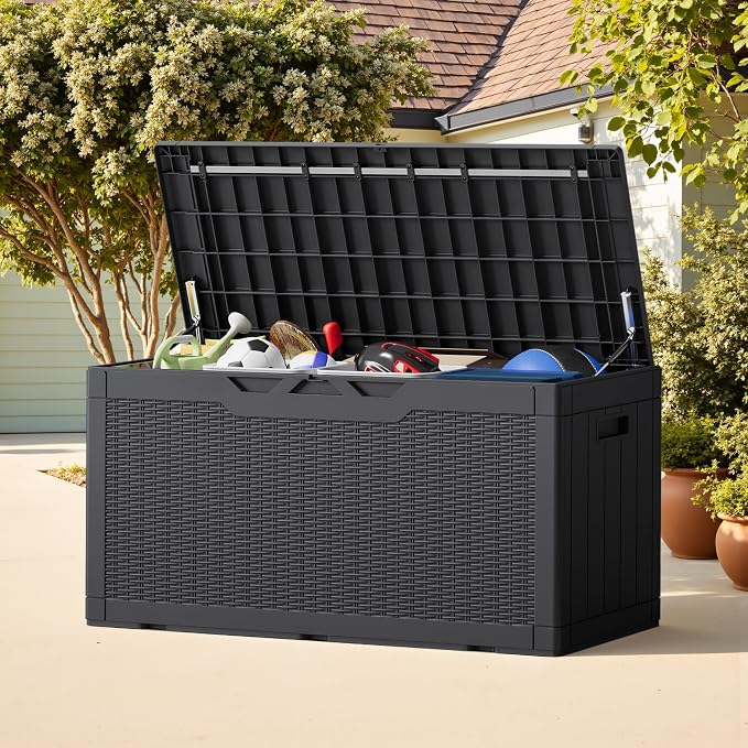 Greesum Outdoor Storage Box 100 Gallon Storage Bin with Lid for Patio Furniture, Garden Tools, Pool Supplies, Lockable, Waterproof and UV Resistant, Black - Image 3