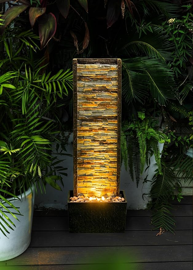 Cheng Pin Indoor Water Fountain -Staggered Stone Wall Design,Create Relaxing Ambiance to Decor Your Living Room,Office,Bedroom Or Outdoor Garden with Waterfall Water Feature and LED Lights,38in. Tall