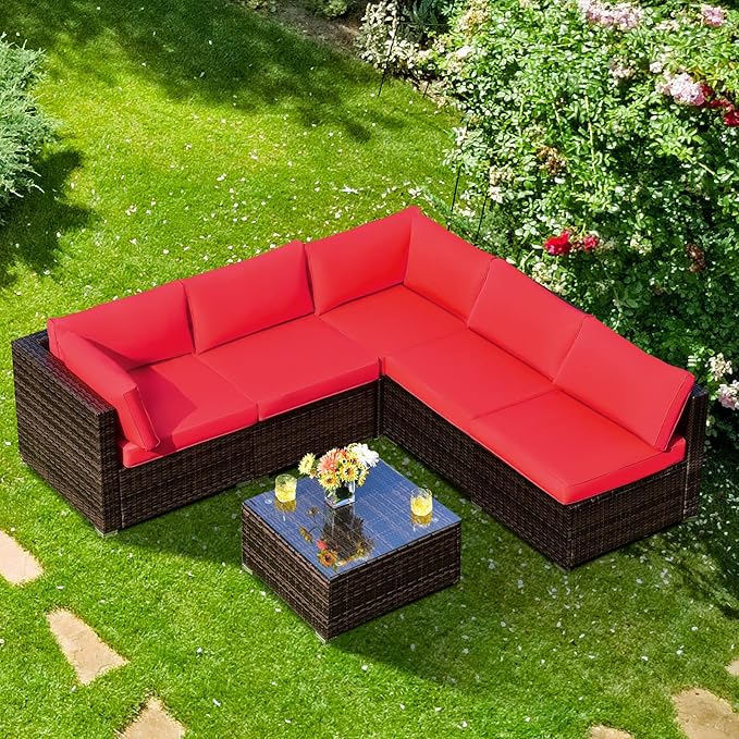 Tangkula 6 Pieces Patio Furniture Set, Outdoor Wicker Conversation Set with Glass Coffee Table, Wicker Sofa Set with Cushions, Rattan Sectional Conversation Set for Backyard Garden Poolside, Red