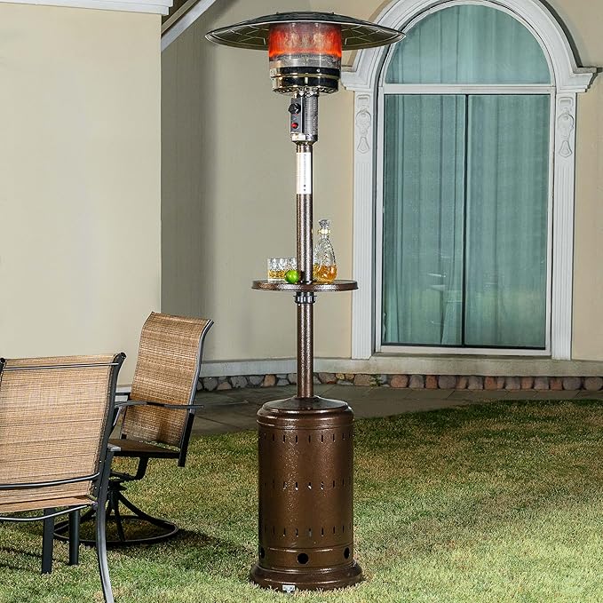Nuu Garden Outdoor Propane Gas Patio Heater with Liftable Drink Stand and Wheels, 304 Stainless Steel Burner Patio Heater for Backyard, Garden, Porch, Brown