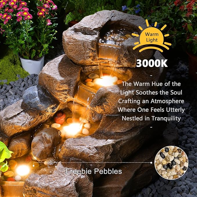 38.2" L Water Fountain Outdoor Garden 5 Tiers Floor Standing Rock Natural Waterfall Outdoor Fountains with LED Lights and Planting Pot for Patio, Porch,Backyard,Home Art Decor
