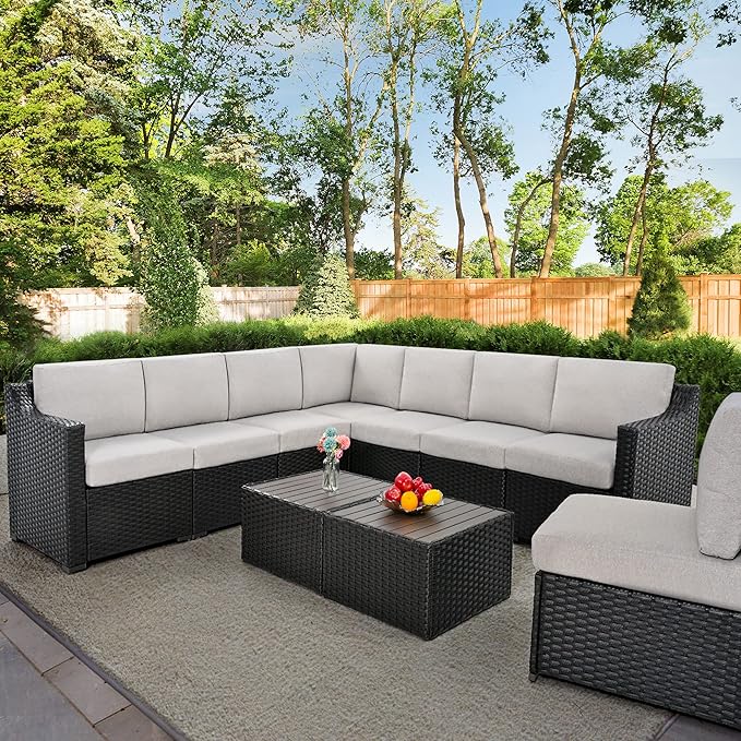 HAPPATIO 10 Piece Patio Conversation Set,All-Weather Patio Furniture Set with Multiple Configuration Options,Rattan Wicker Outdoor Sectional Sofa with Thick Cushions. Easy Setup. (Brown/Gray)