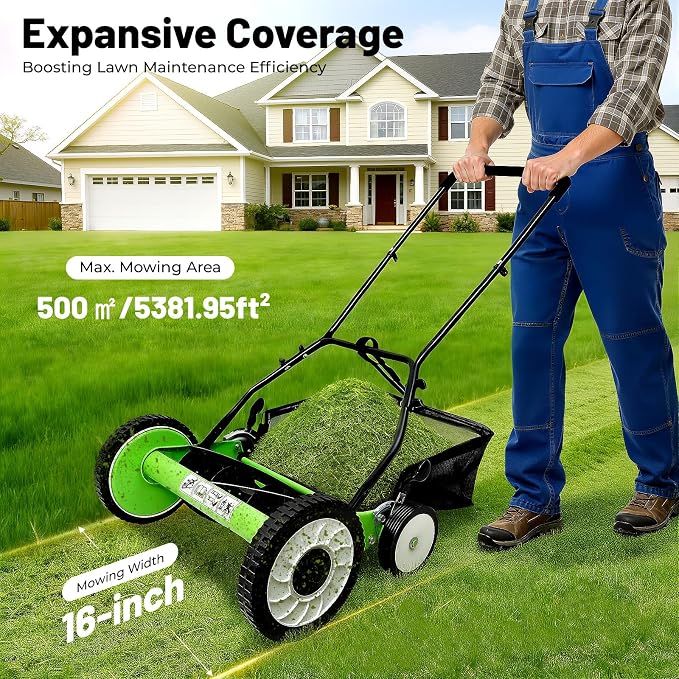 16-Inch 5-Blade Push Reel Lawn Mower, Cordless Manual Reel Lawnmower, Walk-Behind Steel Lawn Mowers with Removable Grass Catcher, Adjustable Cutting/Handle Height (16, Inches) - Image 3