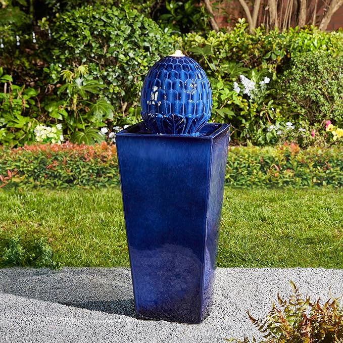 Glitzhome Water Fountain Outdoor with LED Light, Oversized Ceramic Pedestal Garden Fountains Outdoor, Artichoke Outdoor Fountains and Waterfalls Water Feature, Cobalt Blue, 35.75" H