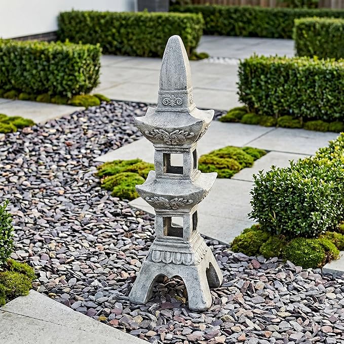 35.5’’High Asian Zen Pagoda Magnesium Oxide Tall Lantern Statue Outdoor Sculpture for Garden Backyard Decor Pagoda Statue Miniature Tower Lantern Landscape Garden Decoration