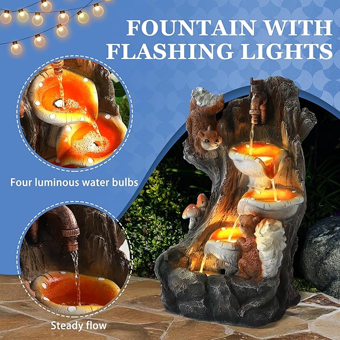 Outdoor Garden Water Fountain with Cascading Rock, 4-Tiers Fountains and Waterfalls with LED Lights,Indoor/Outdoor Morden Floor Standing Water Feature w/2 Squirrel Decor for Patio, Backyard