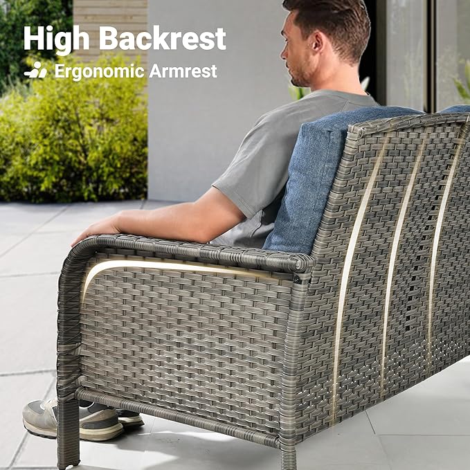 ovios 5-Piece Patio Furniture Set, Outdoor Wicker Sofa with Chairs Fire Pit Table, High Back Rattan Chair with Comfy Cushions for Porch Yard Deck, Denim Blue