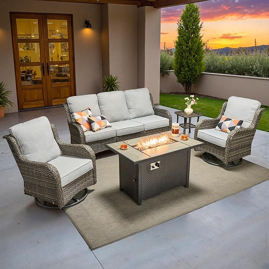ovios 5-Piece Patio Furniture Set with Swivel Chairs Coffee Table, Outdoor Wicker Sofa with 42" Fire Pit Table, High Back Couch Modern Conversation Sets, Grey/Grey