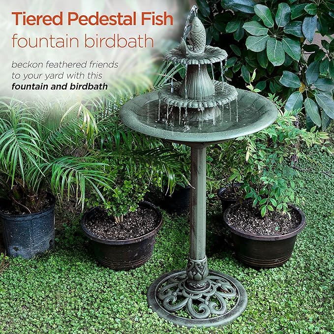 Alpine Corporation 40" Tall Outdoor 3 Tier Pedestal Water Fountain with Vintage Birdbath Accent, Garden Decor, Green