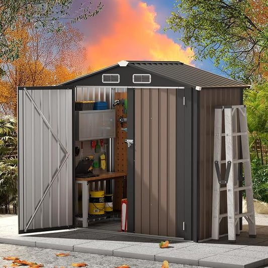 5.6 x 3.2 FT Outdoor Metal Storage Shed, Lockable Steel Garden Tool Shed with Sloped Roof for Backyard Patio Lawn, Brown by Unknown