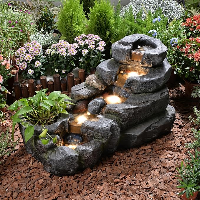 38.2" L Garden Outdoor Water Fountain 5 Tiers Floor Standing Rock Natural Waterfall Outdoor Fountains with LED Lights and Planting Pot for Patio, Porch,Backyard,Home Art Decor