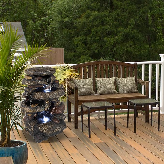 Outdoor Water Fountain - 3-Tier Rock Outdoor Waterfall Fountain with Lights - 25.5” LED Fountain Yard Patio Decor - Outdoor Fountains by Pure Garden