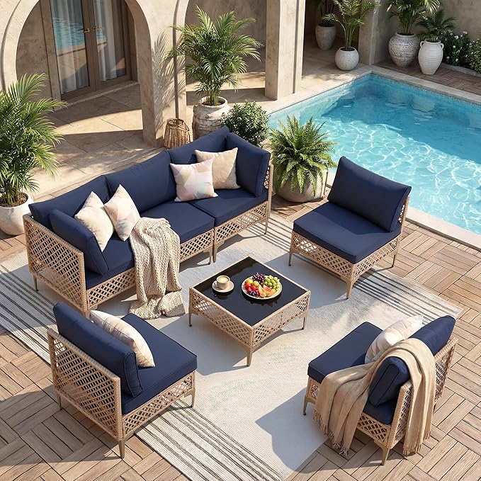 FHFO 7 Piece Patio Furniture Set, Outdoor Wicker Modular Sectional Patio Conversation Set with Thicker Cushion & Tempered Glass Coffee Table for Backyard, Poolside, Porch (Yellow/Blue)