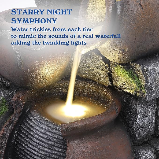 Outdoor Cascading Rock Water Fountain, 4-Tiers Fountains and Waterfalls with LED Lights, Indoor Freestanding Resin Waterfall Feature w/Pump for Patio, Garden, Backyard, Deck, Porch, Home Decor
