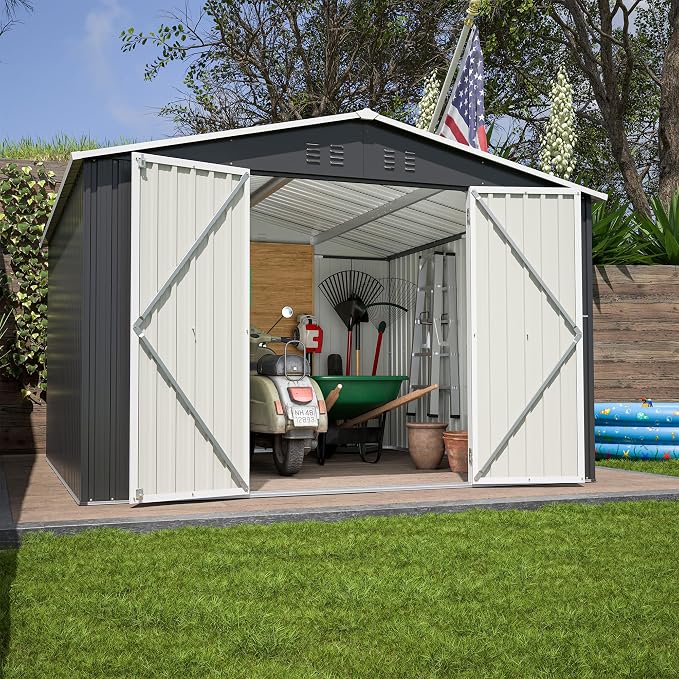 YOPTO 10 x 10 FT Outdoor Storage Shed,Heavy Duty Tool Sheds Metal Storage Garden Shed with Sloped Roof and Lockable Doors,Large Metal Storage Sheds for Backyard Patio Lawn, Black - Image 8
