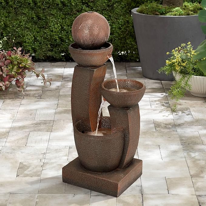 Curved Columns 31" High Large Modern Zen Indoor Outdoor Decor Faux Stone Floor Fountain with Light LED Standing Waterfall Bowl Water Feature for Outside Garden Patio Yard Backyard - John Timberland