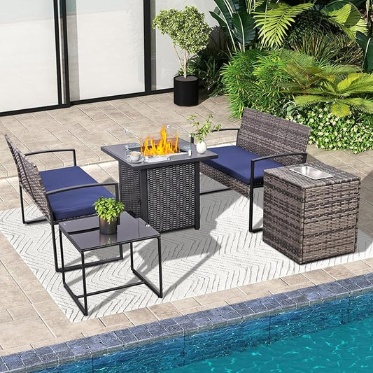 FHFO 5 Piece Outdoor Patio Furniture Set with 28”Gas Fire Pit Table & Ice Bucket Storage Box, Outdoor Wicker Rattan Patio Conversation Set for Outside, Poolside, Balcony, Porch, Grey-Blue
