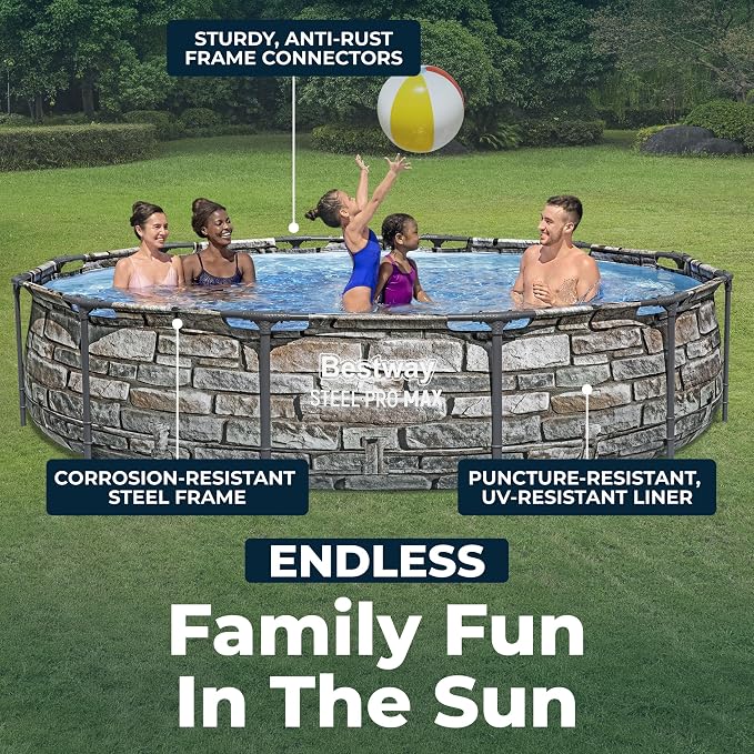 Bestway Steel Pro MAX 12' x 30" Above Ground Pool, Round Metal Frame Outdoor Swimming Pool Set with Filter Pump & Type I Cartridge, Stone Print - Image 8