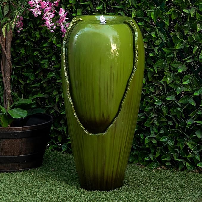 Alpine Corporation 33" Tall Outdoor Vintage Cascading Antique Jar Water Fountain with LED Lights for Gardens, Patios, and Yards, Green