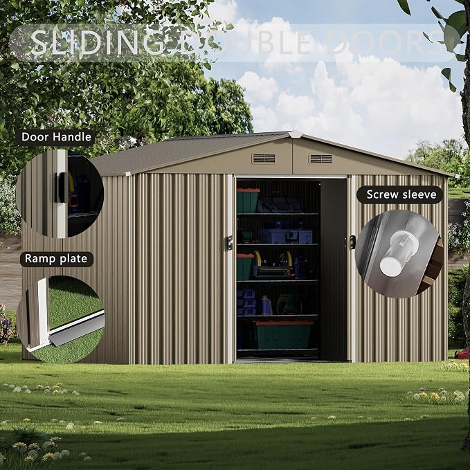 10FT x 8FT Outdoor Storage Shed, Waterproof Lockable Door Metal Tool Shed with Sliding Door and Ventilation, Gardening Tool Storage Room, Metal Storage Shed for Gardens and Lawns - Image 5